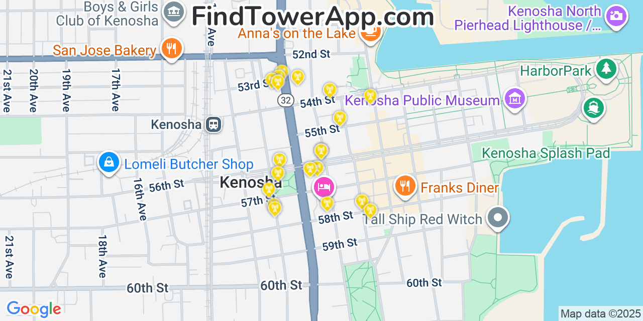 Map showing the 20 primary cell tower locations detected in Kenosha, Wisconsin from AT&T, Verizon, and T-Mobile networks