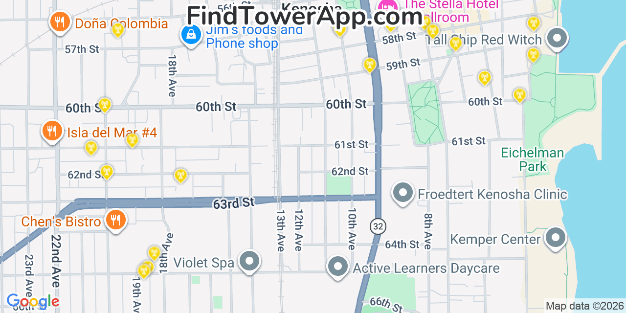 Map showing the 20 primary cell tower locations detected in Kenosha, Wisconsin from AT&T, Verizon, and T-Mobile networks