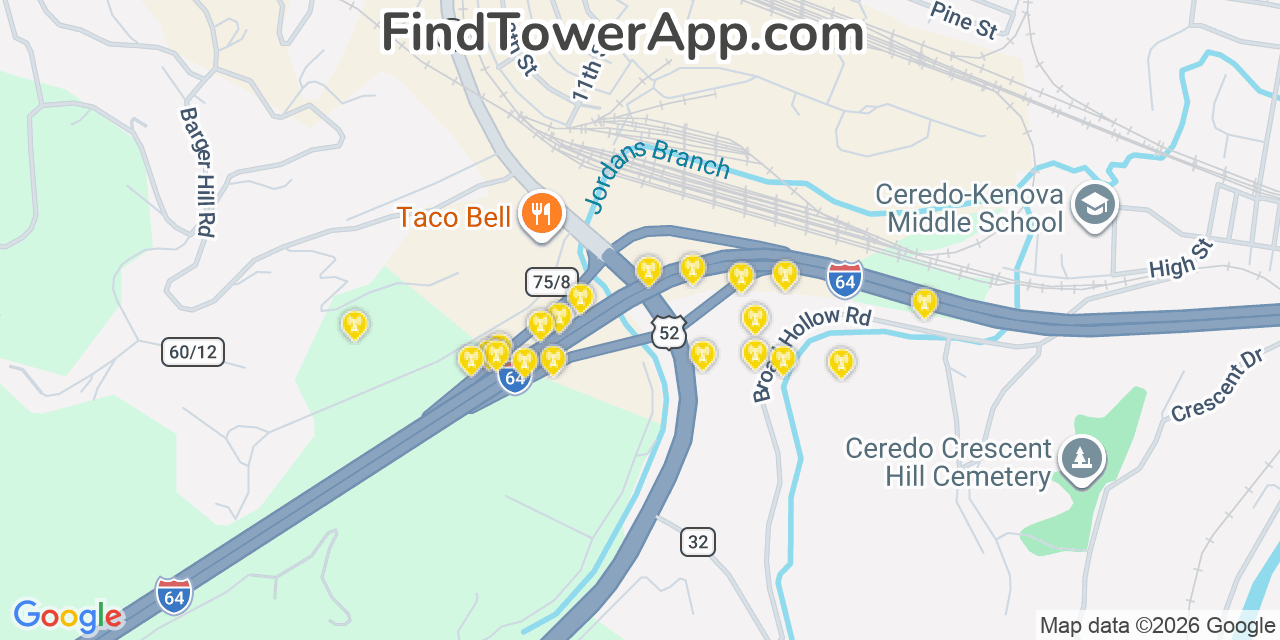 Map showing the 20 primary cell tower locations detected in Kenova, West Virginia from AT&T, Verizon, and T-Mobile networks