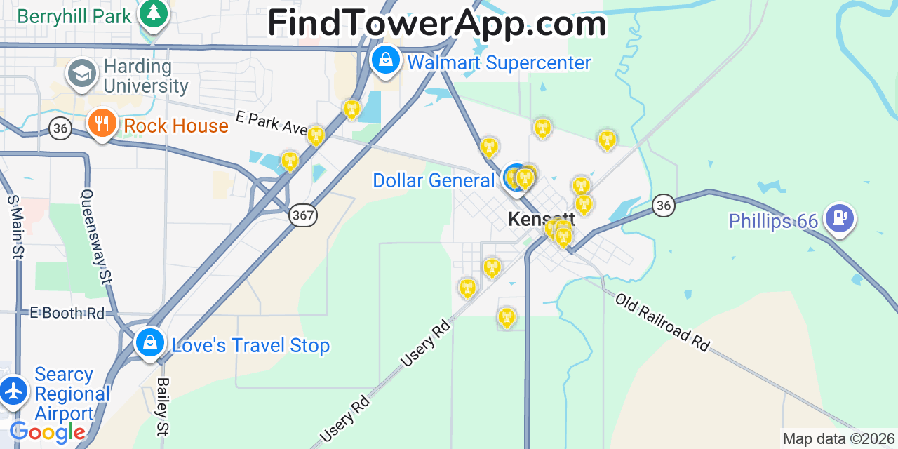 Map showing the 20 primary cell tower locations detected in Kensett, Arkansas from AT&T, Verizon, and T-Mobile networks