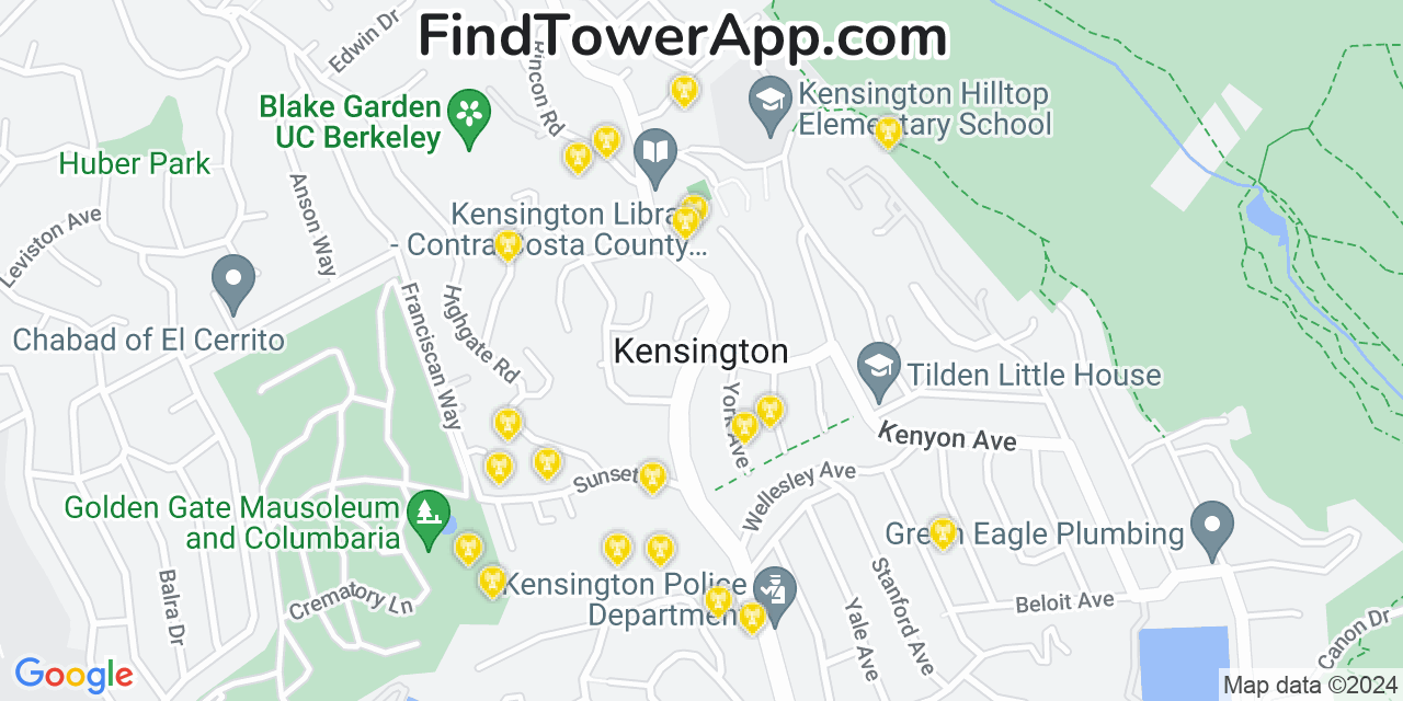 AT&T 4G/5G cell tower coverage map Kensington, California