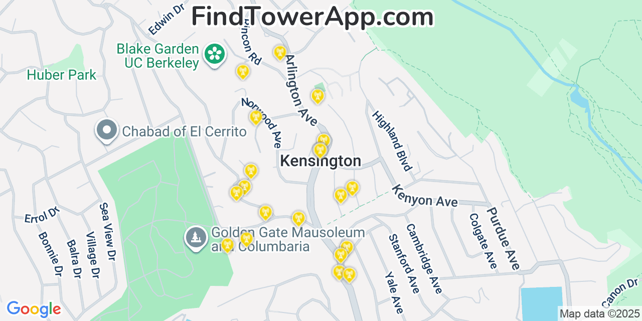 Map showing the 20 primary cell tower locations detected in Kensington, California from AT&T, Verizon, and T-Mobile networks
