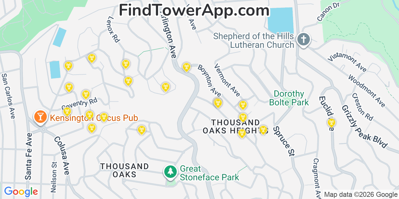 Map showing the 20 primary cell tower locations detected in Kensington, California from AT&T, Verizon, and T-Mobile networks