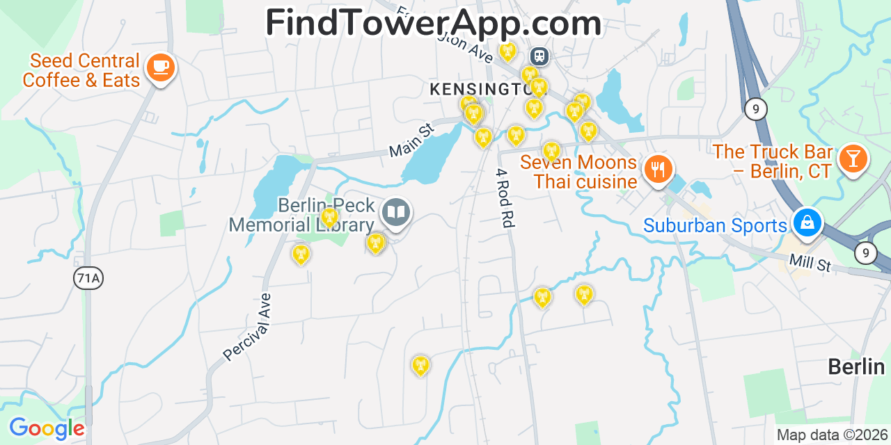 Map showing the 20 primary cell tower locations detected in Kensington, Connecticut from AT&T, Verizon, and T-Mobile networks