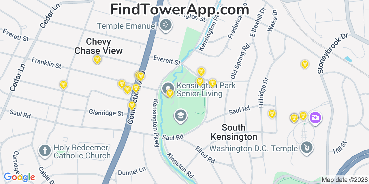 Map showing the 20 primary cell tower locations detected in Kensington, Maryland from AT&T, Verizon, and T-Mobile networks