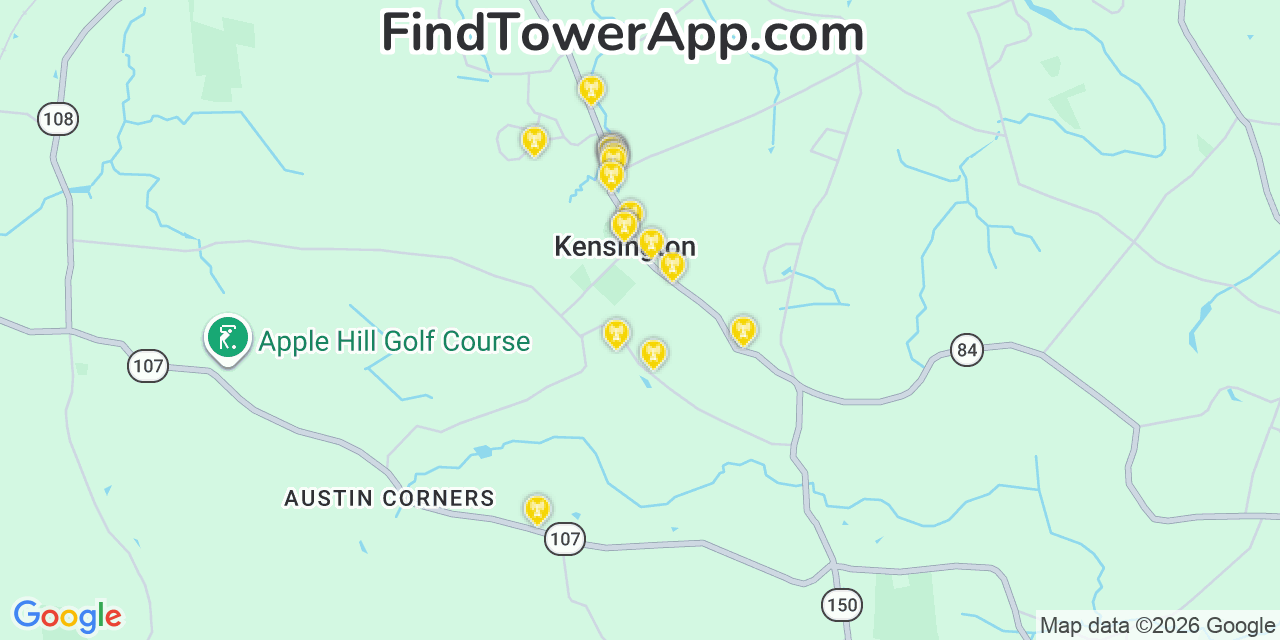 Map showing the 20 primary cell tower locations detected in Kensington, New Hampshire from AT&T, Verizon, and T-Mobile networks