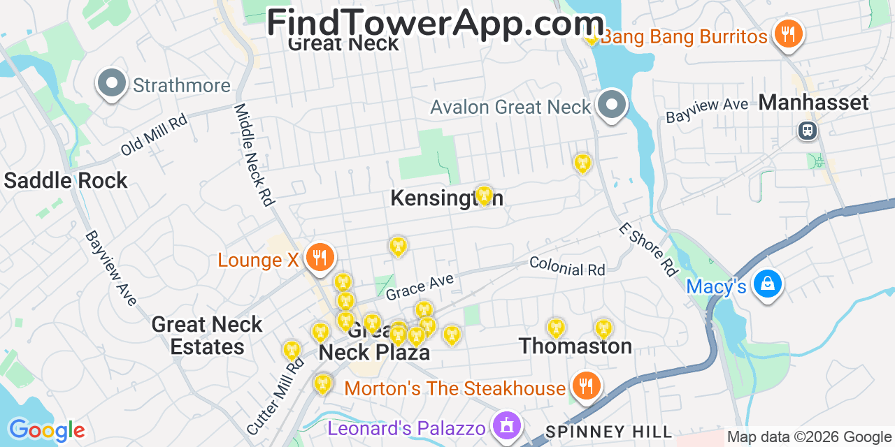 Map showing the 20 primary cell tower locations detected in Kensington, New York from AT&T, Verizon, and T-Mobile networks