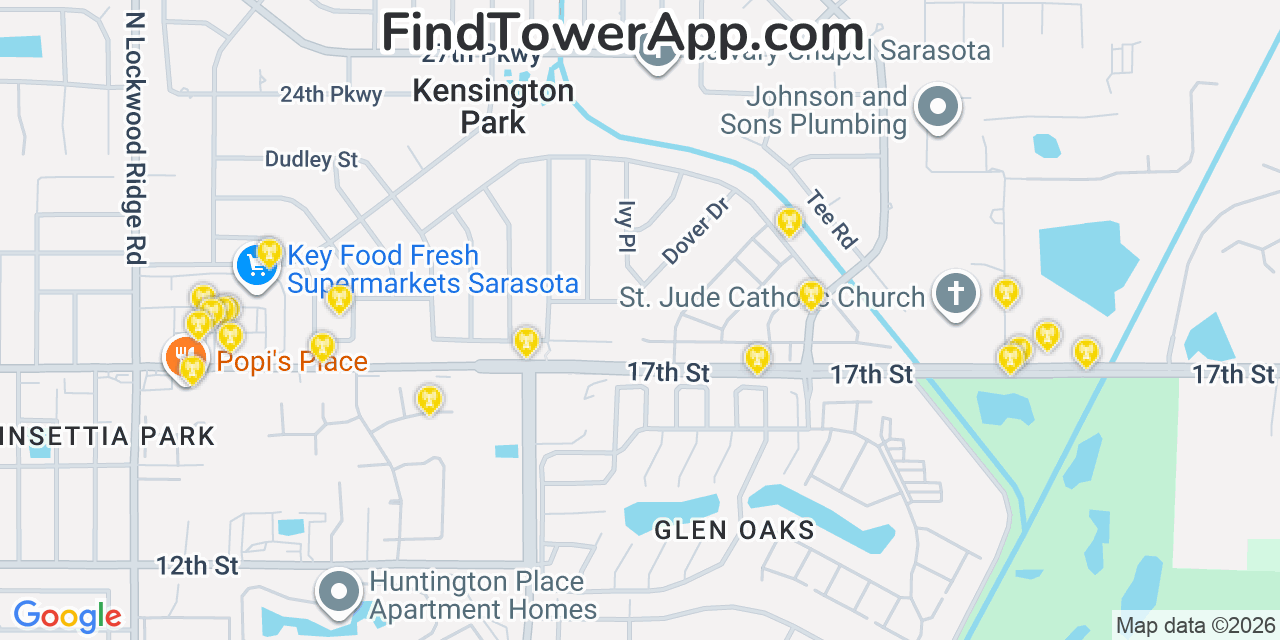 Map showing the 20 primary cell tower locations detected in Kensington Park, Florida from AT&T, Verizon, and T-Mobile networks