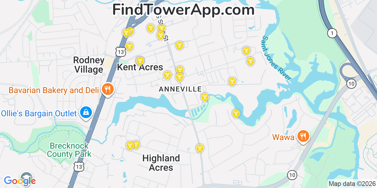 Map showing the 20 primary cell tower locations detected in Kent Acres, Delaware from AT&T, Verizon, and T-Mobile networks