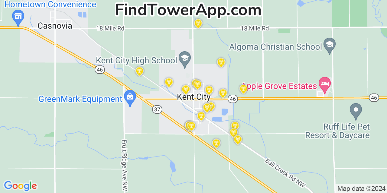 AT&T 4G/5G cell tower coverage map Kent City, Michigan