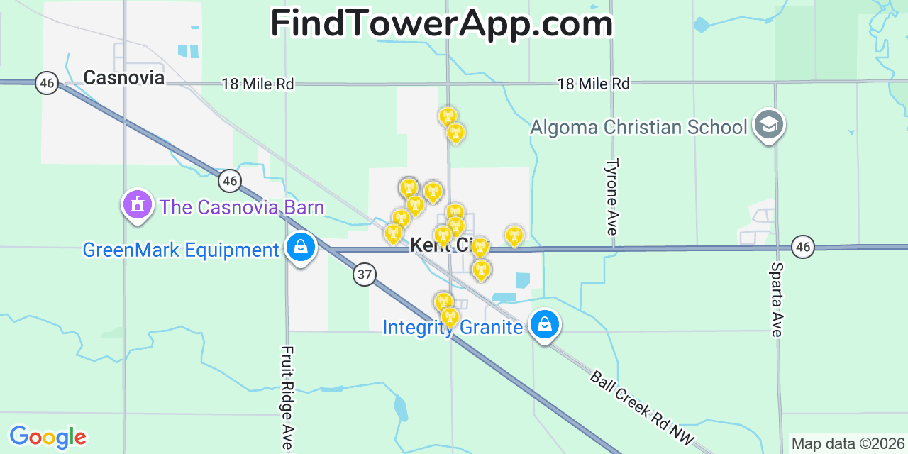 Map showing the 20 primary cell tower locations detected in Kent City, Michigan from AT&T, Verizon, and T-Mobile networks