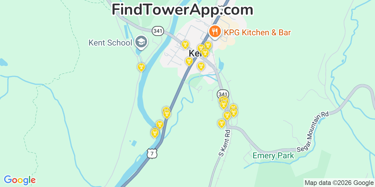 Map showing the 20 primary cell tower locations detected in Kent, Connecticut from AT&T, Verizon, and T-Mobile networks