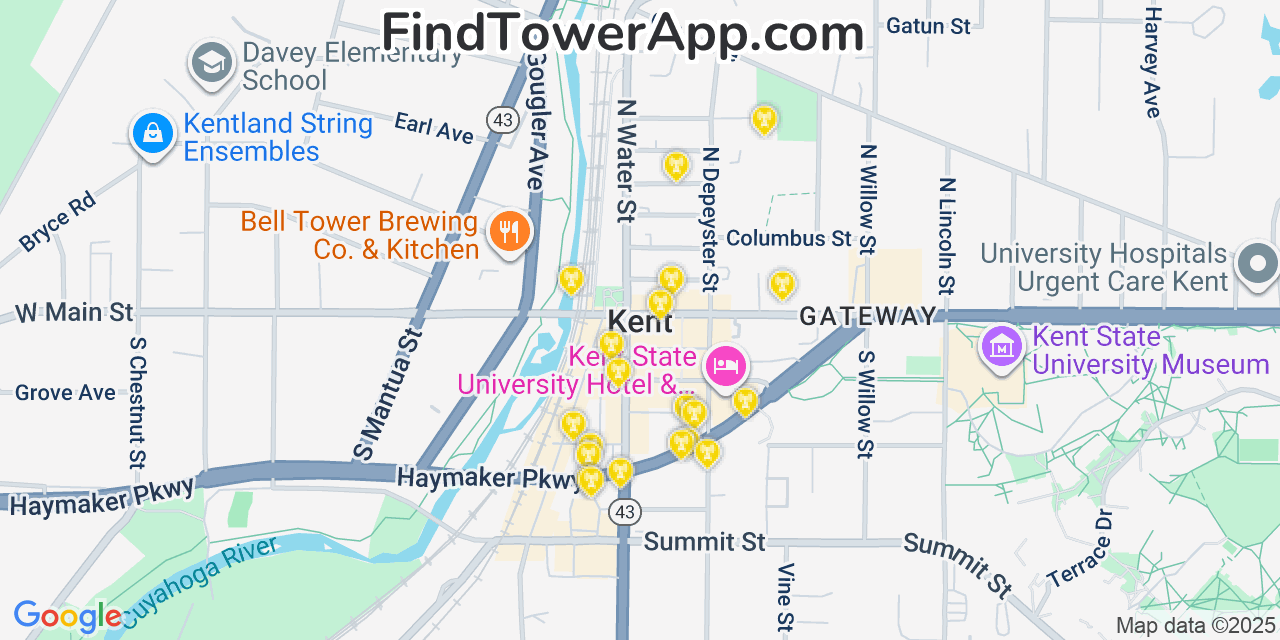 Map showing the 20 primary cell tower locations detected in Kent, Ohio from AT&T, Verizon, and T-Mobile networks