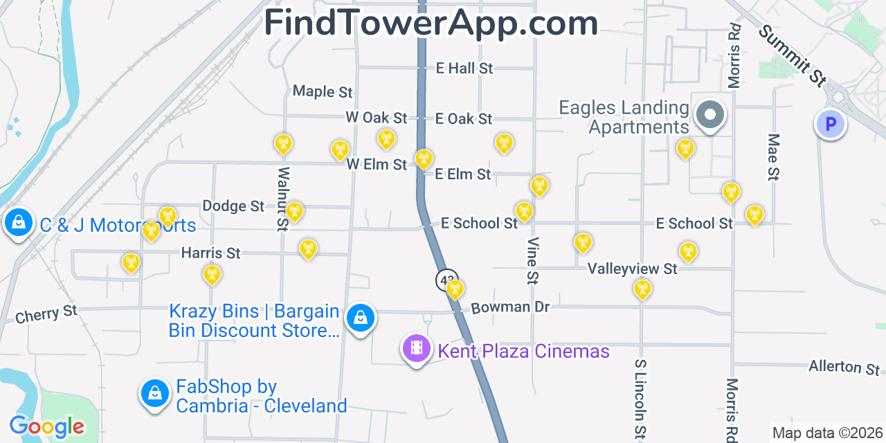 Map showing the 20 primary cell tower locations detected in Kent, Ohio from AT&T, Verizon, and T-Mobile networks