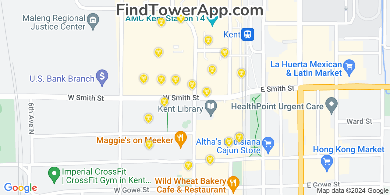 AT&T 4G/5G cell tower coverage map Kent, Washington