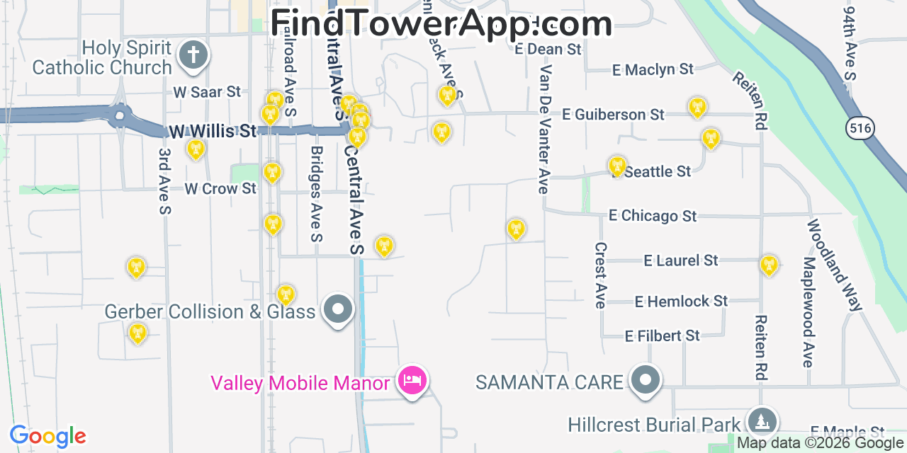 Map showing the 20 primary cell tower locations detected in Kent, Washington from AT&T, Verizon, and T-Mobile networks