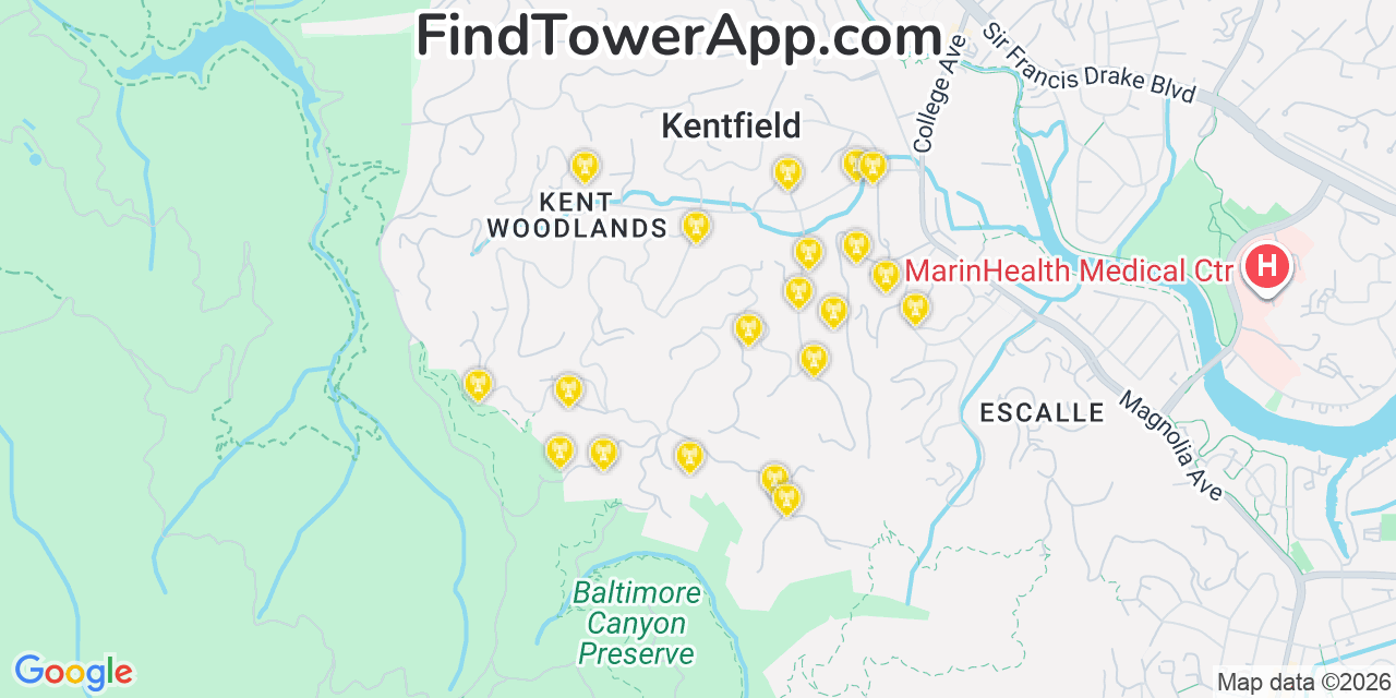 Map showing the 20 primary cell tower locations detected in Kentfield, California from AT&T, Verizon, and T-Mobile networks