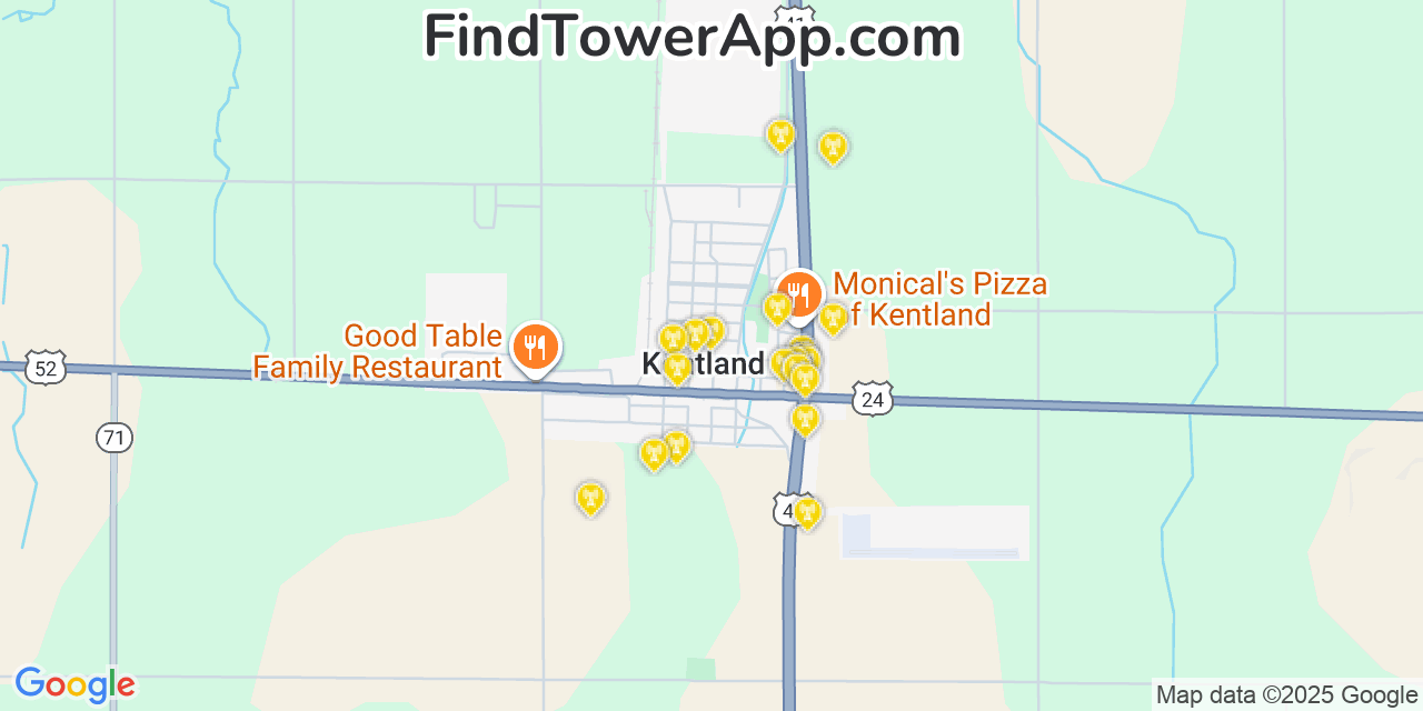 Map showing the 20 primary cell tower locations detected in Kentland, Indiana from AT&T, Verizon, and T-Mobile networks