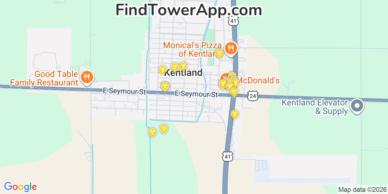 Map showing the 20 primary cell tower locations detected in Kentland, Indiana from AT&T, Verizon, and T-Mobile networks