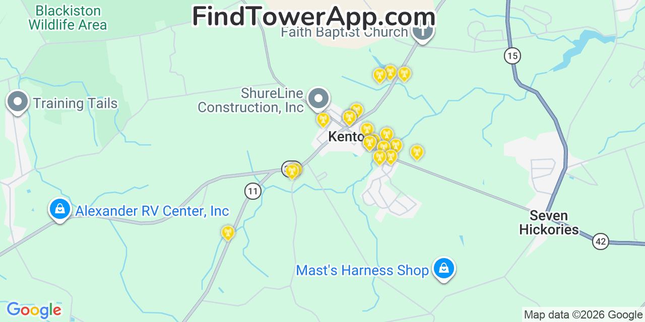 Map showing the 20 primary cell tower locations detected in Kenton, Delaware from AT&T, Verizon, and T-Mobile networks