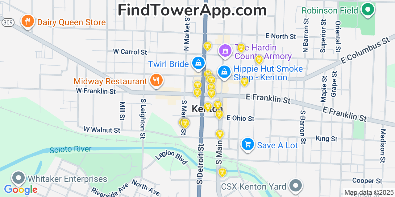Map showing the 20 primary cell tower locations detected in Kenton, Ohio from AT&T, Verizon, and T-Mobile networks