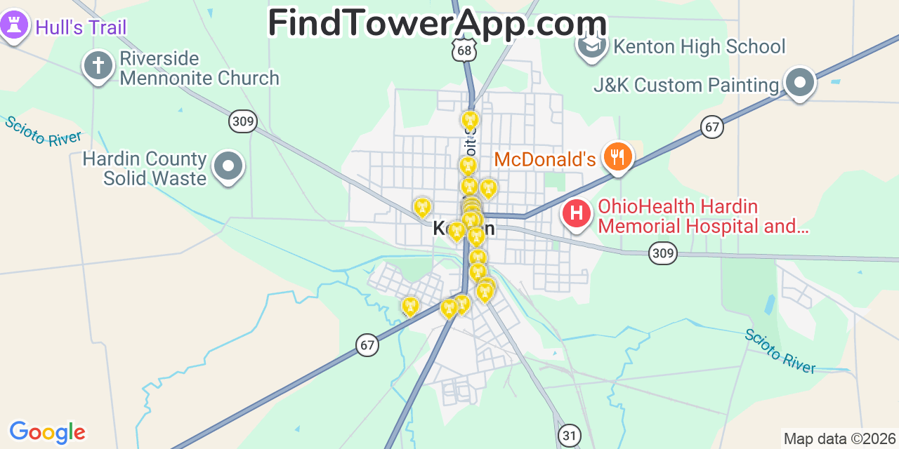 Map showing the 20 primary cell tower locations detected in Kenton, Ohio from AT&T, Verizon, and T-Mobile networks