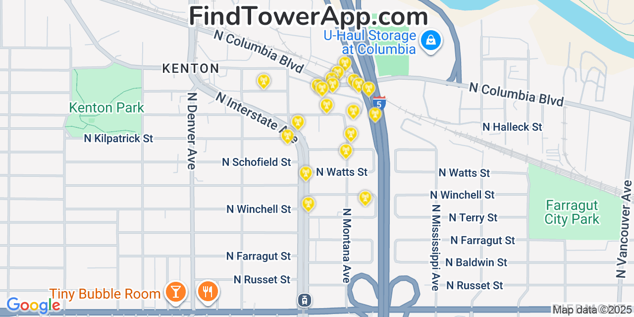 Map showing the 20 primary cell tower locations detected in Kenton, Oregon from AT&T, Verizon, and T-Mobile networks