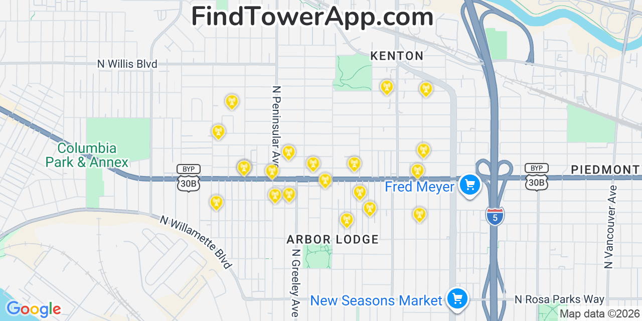 Map showing the 20 primary cell tower locations detected in Kenton, Oregon from AT&T, Verizon, and T-Mobile networks