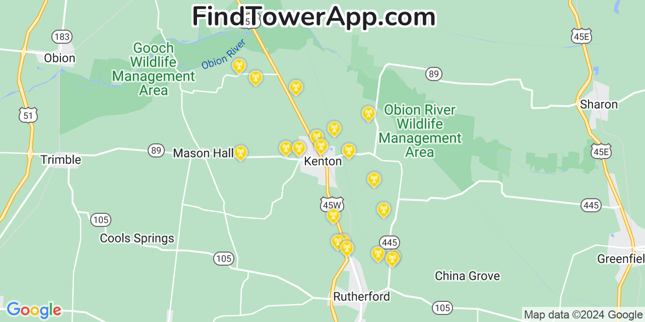 AT&T 4G/5G cell tower coverage map Kenton, Tennessee