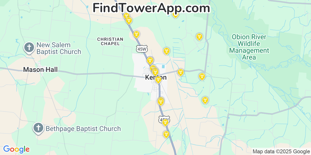 Map showing the 20 primary cell tower locations detected in Kenton, Tennessee from AT&T, Verizon, and T-Mobile networks