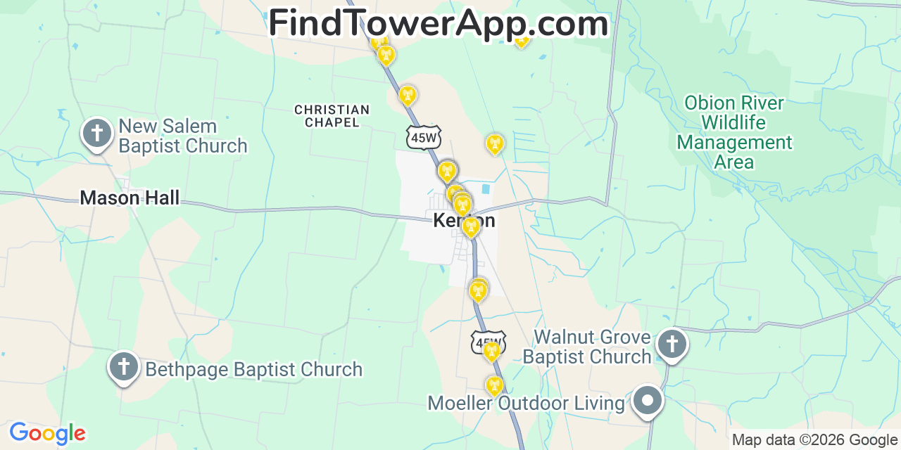 Map showing the 20 primary cell tower locations detected in Kenton, Tennessee from AT&T, Verizon, and T-Mobile networks