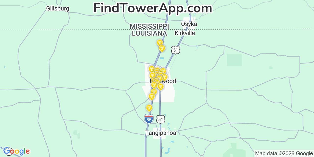 Map showing the 20 primary cell tower locations detected in Kentwood, Louisiana from AT&T, Verizon, and T-Mobile networks