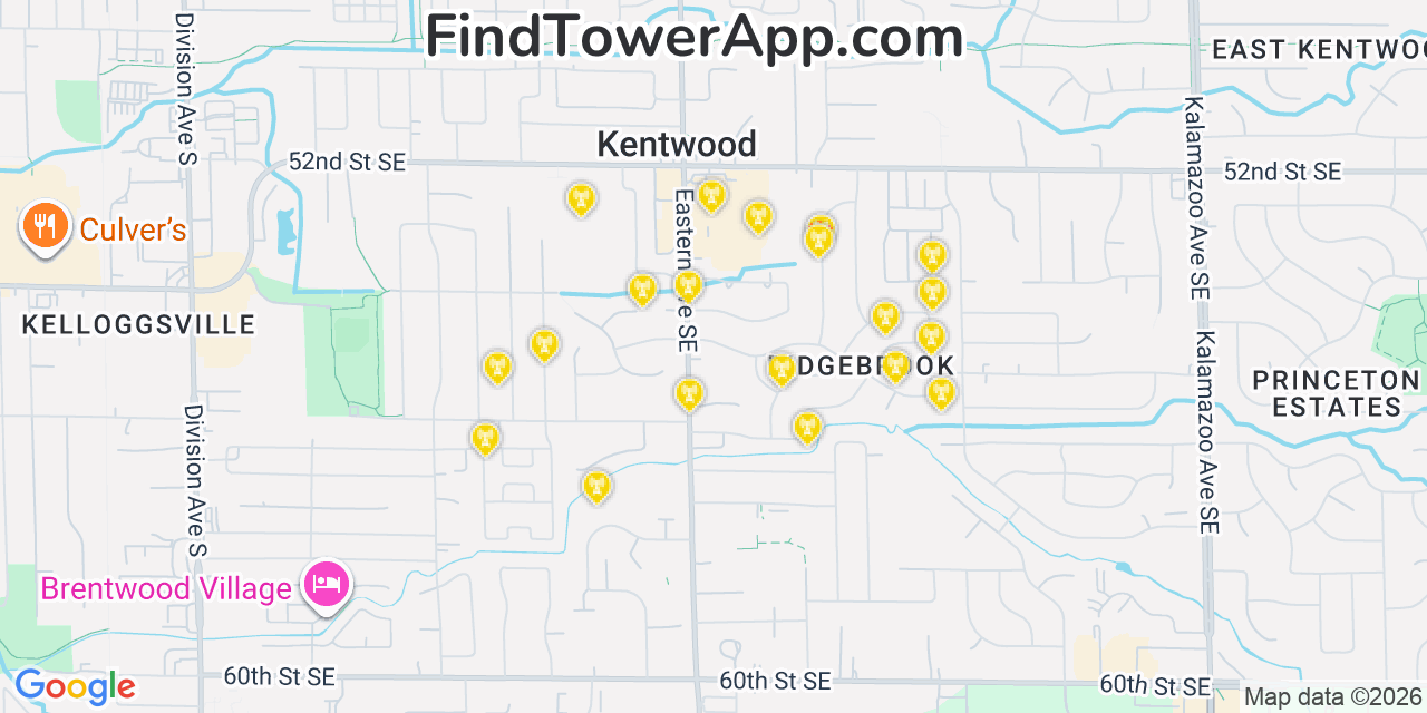 Map showing the 20 primary cell tower locations detected in Kentwood, Michigan from AT&T, Verizon, and T-Mobile networks