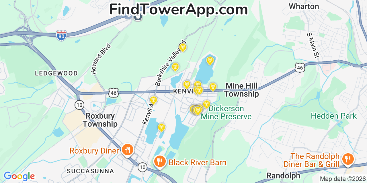 Map showing the 20 primary cell tower locations detected in Kenvil, New Jersey from AT&T, Verizon, and T-Mobile networks