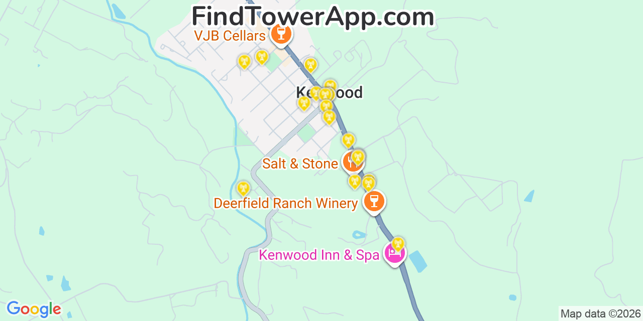 Map showing the 20 primary cell tower locations detected in Kenwood, California from AT&T, Verizon, and T-Mobile networks
