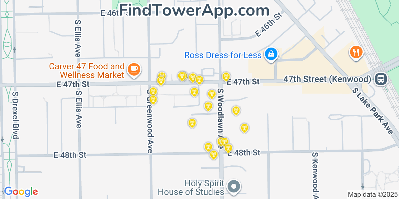 Map showing the 20 primary cell tower locations detected in Kenwood, Illinois from AT&T, Verizon, and T-Mobile networks