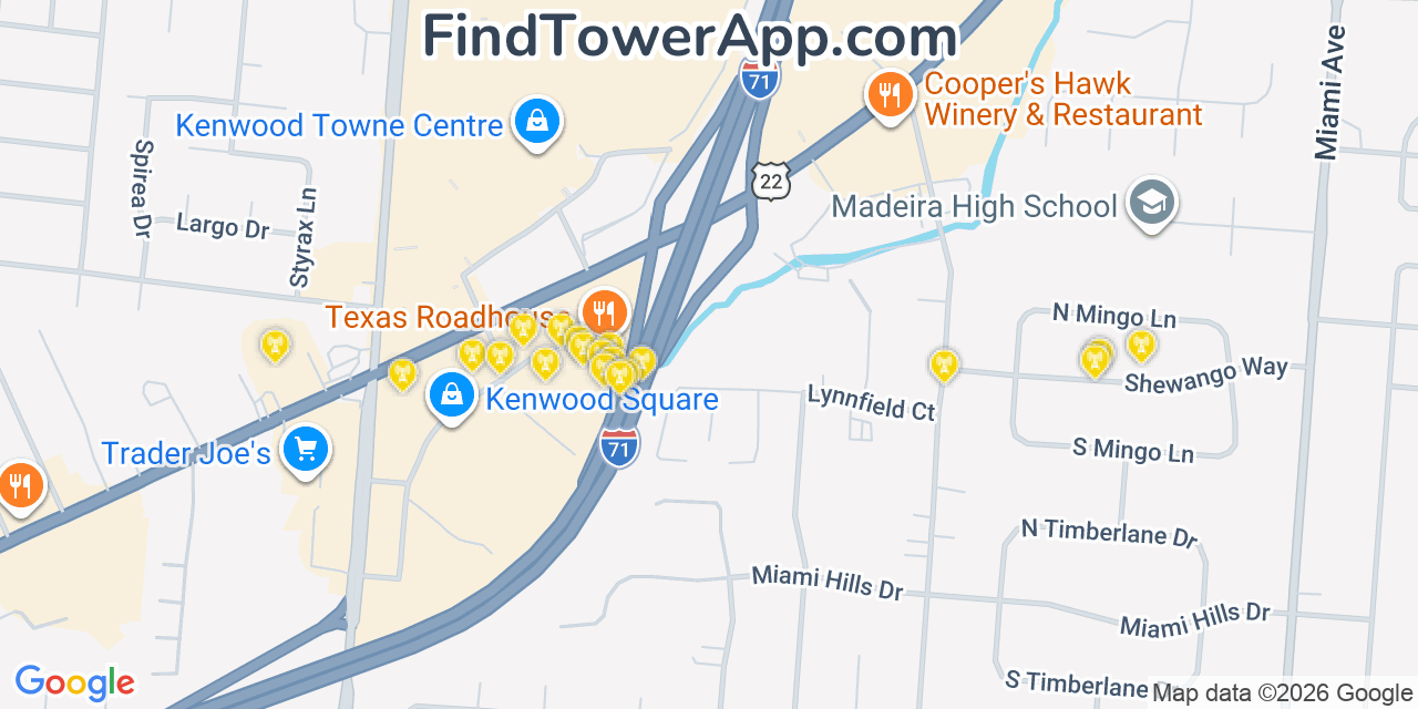 Map showing the 20 primary cell tower locations detected in Kenwood, Ohio from AT&T, Verizon, and T-Mobile networks