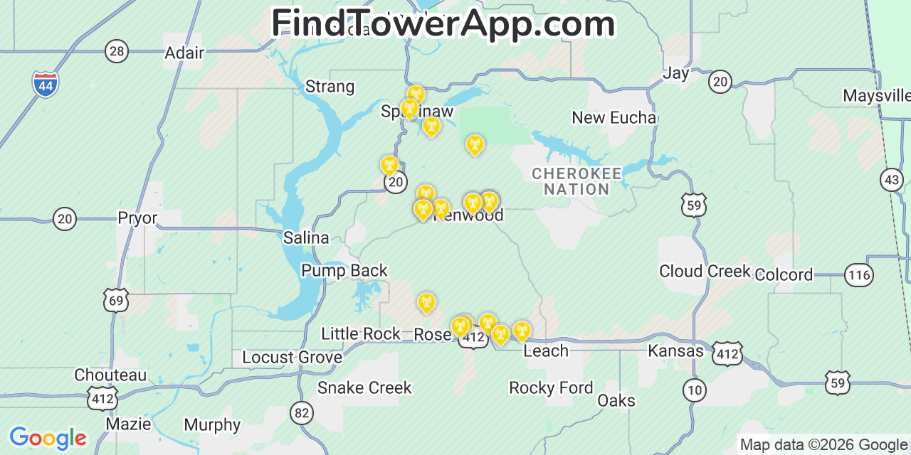 Map showing the 20 primary cell tower locations detected in Kenwood, Oklahoma from AT&T, Verizon, and T-Mobile networks