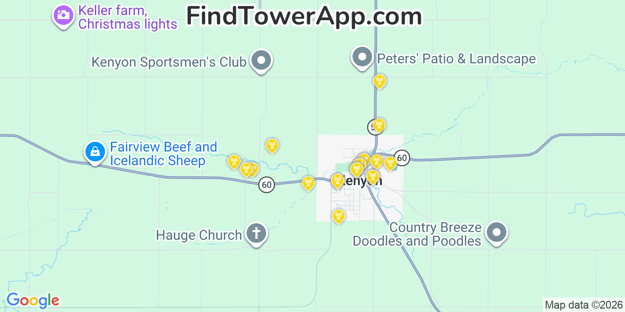 Map showing the 20 primary cell tower locations detected in Kenyon, Minnesota from AT&T, Verizon, and T-Mobile networks