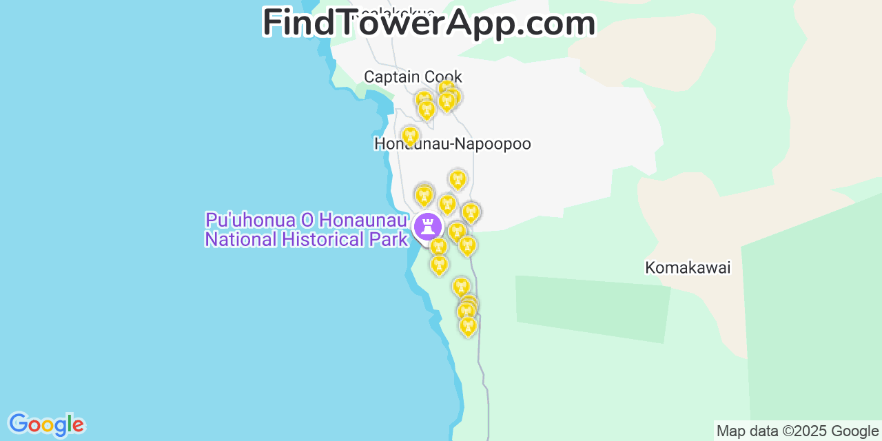 Map showing the 22 primary AT&T cell tower locations detected in Kēōkea, Hawaii with coverage radius and signal strength indicators