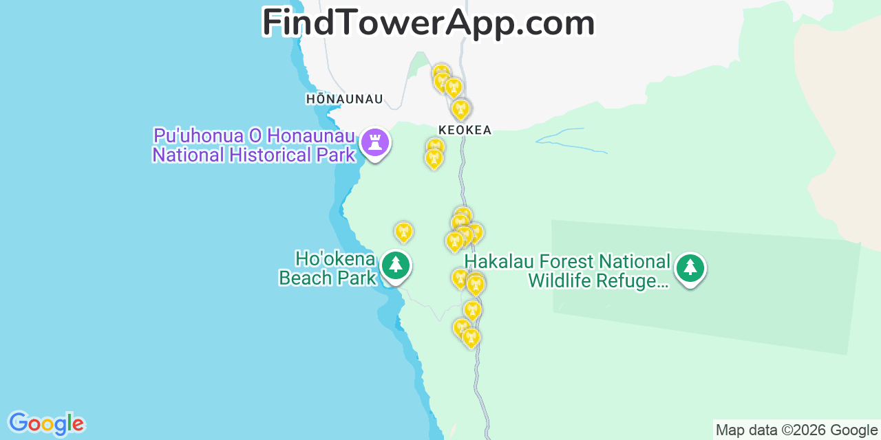 Map showing the 20 primary cell tower locations detected in Kēōkea, Hawaii from AT&T, Verizon, and T-Mobile networks