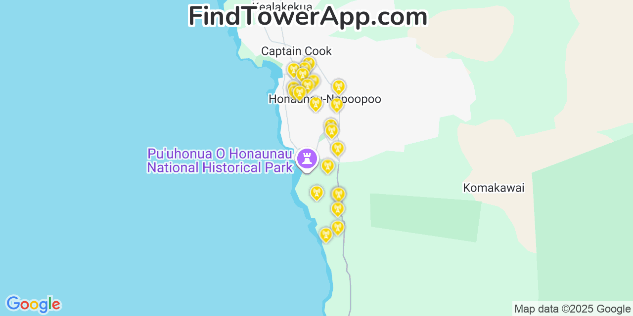 Map showing the 22 primary T-Mobile cell tower locations detected in Kēōkea, Hawaii with coverage radius and signal strength indicators