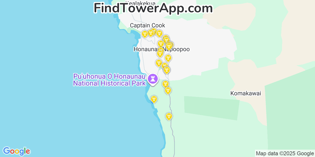 Map showing the 21 primary Verizon cell tower locations detected in Kēōkea, Hawaii with coverage radius and signal strength indicators