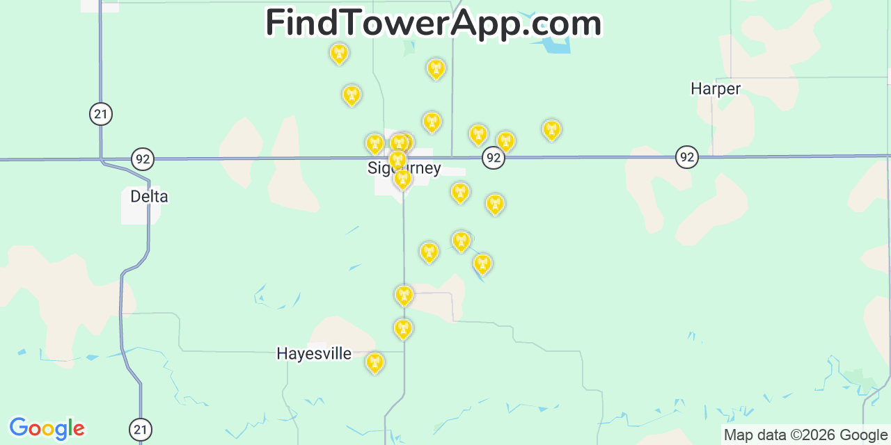 Map showing the 20 primary cell tower locations detected in Keokuk, Iowa from AT&T, Verizon, and T-Mobile networks