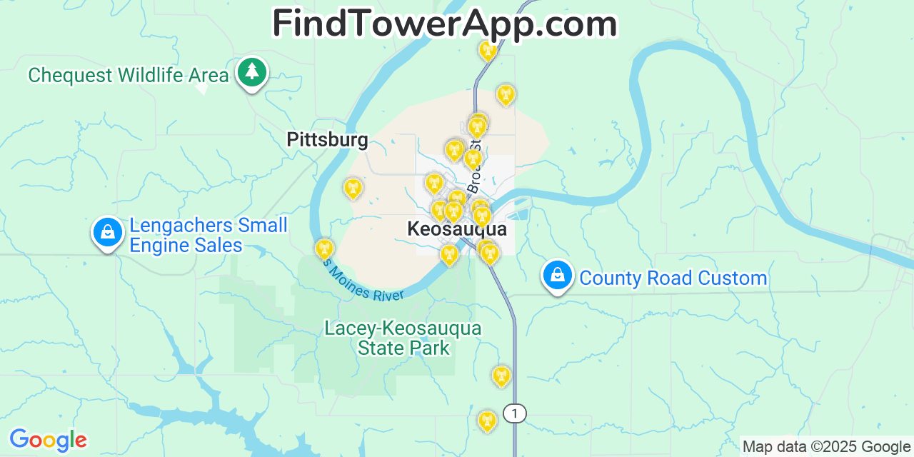 Map showing the 20 primary cell tower locations detected in Keosauqua, Iowa from AT&T, Verizon, and T-Mobile networks