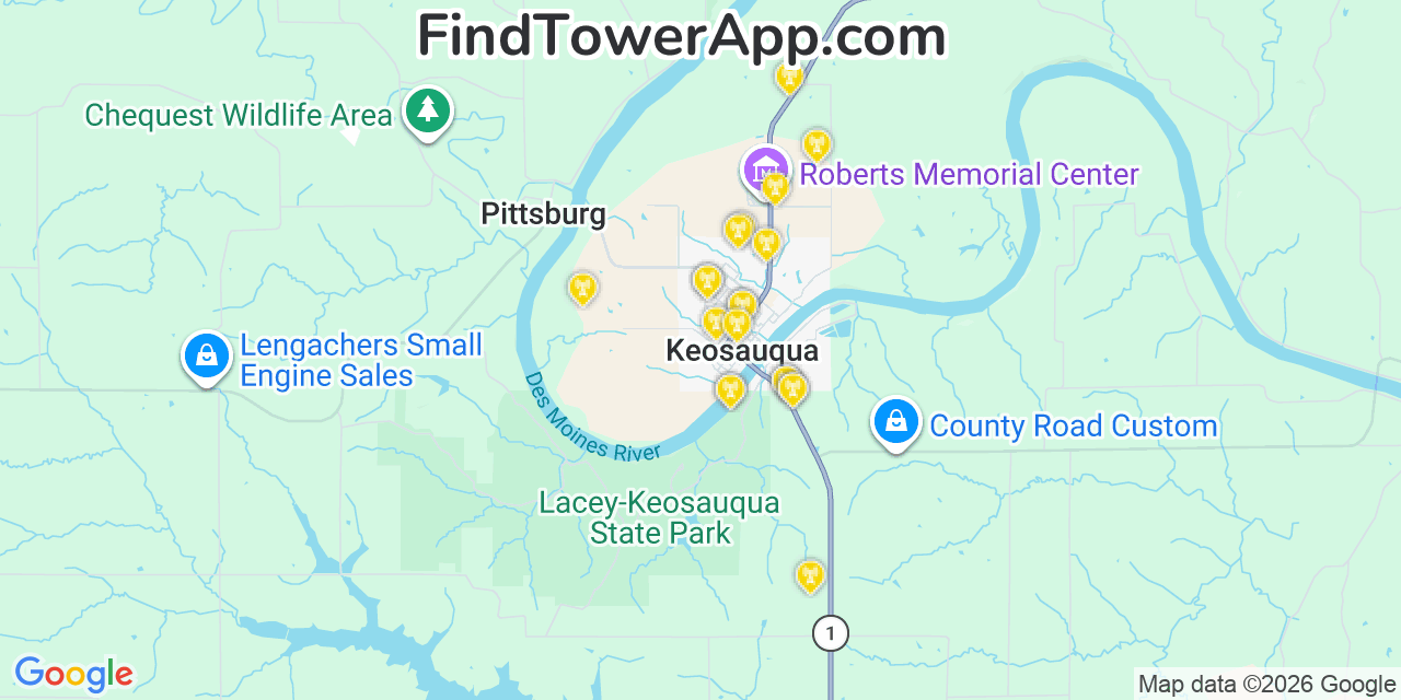Map showing the 20 primary cell tower locations detected in Keosauqua, Iowa from AT&T, Verizon, and T-Mobile networks