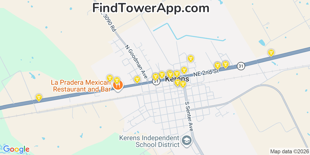 Map showing the 20 primary cell tower locations detected in Kerens, Texas from AT&T, Verizon, and T-Mobile networks