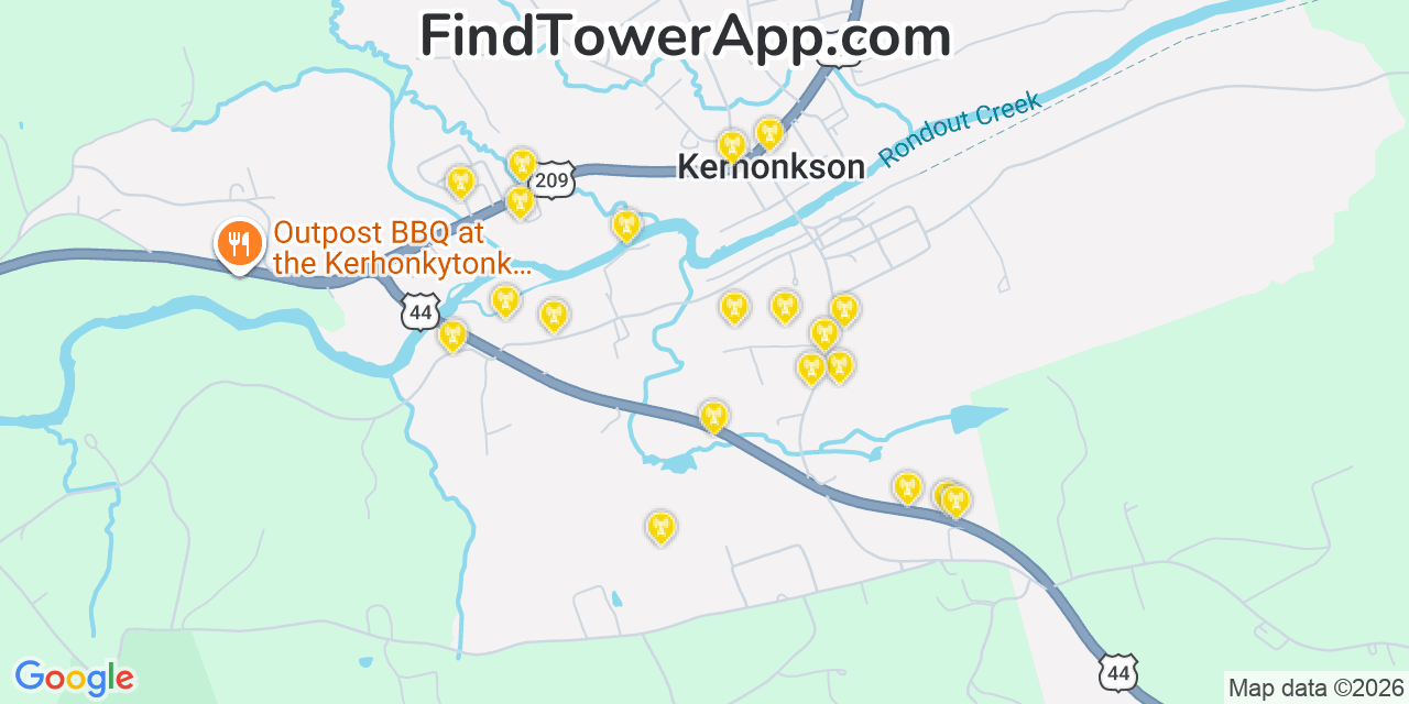Map showing the 20 primary cell tower locations detected in Kerhonkson, New York from AT&T, Verizon, and T-Mobile networks