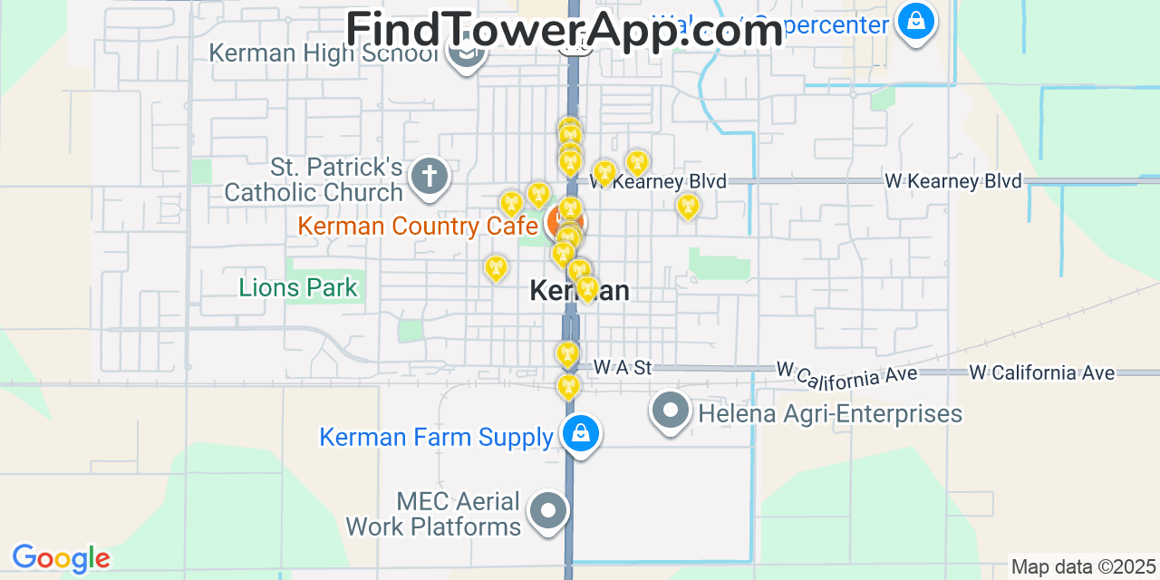 Map showing the 20 primary cell tower locations detected in Kerman, California from AT&T, Verizon, and T-Mobile networks