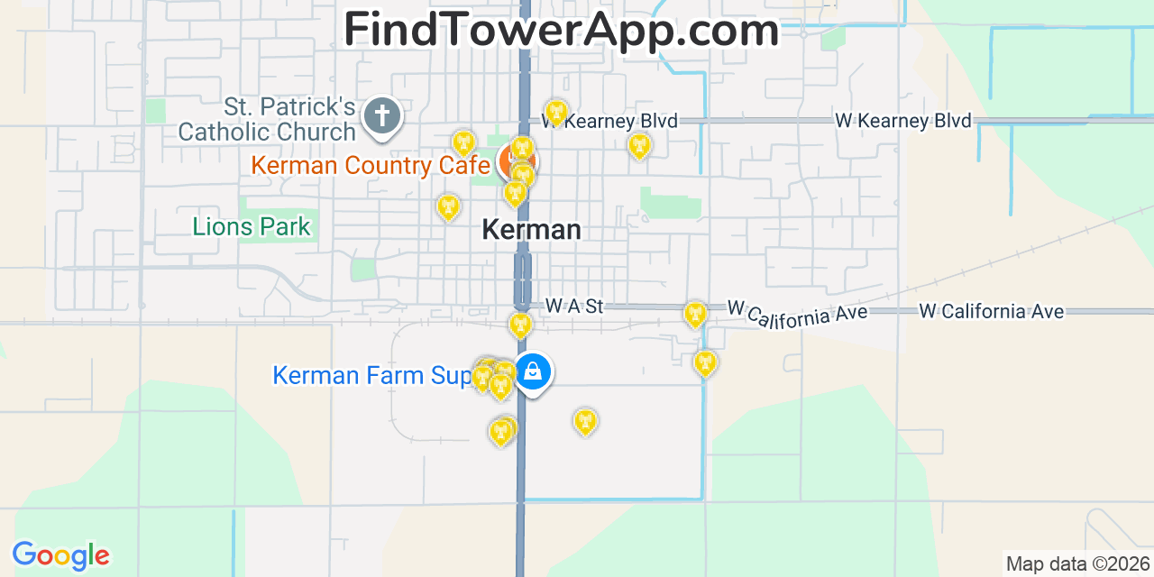 Map showing the 20 primary cell tower locations detected in Kerman, California from AT&T, Verizon, and T-Mobile networks